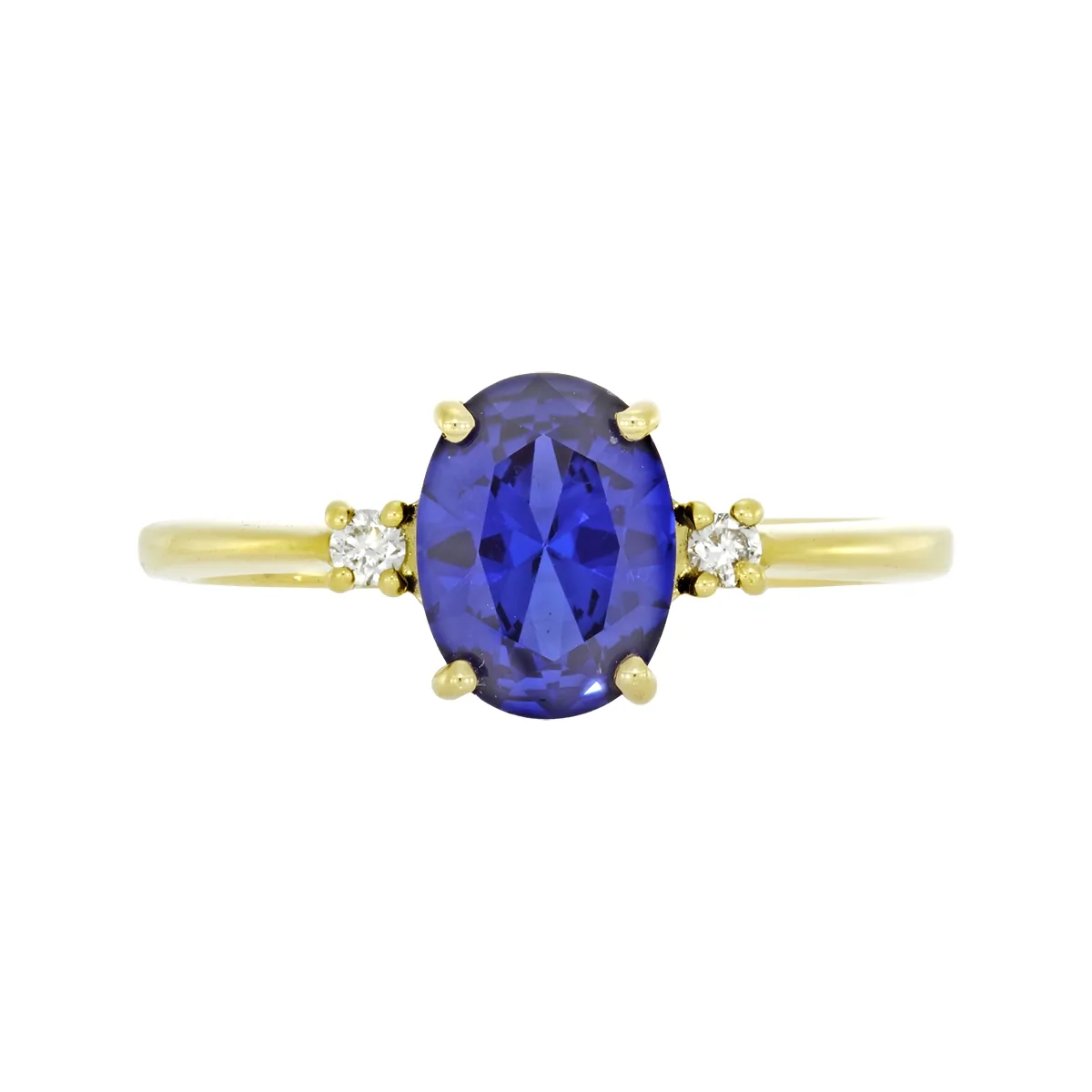 Anillo en oro amarillo de 18 Kilates, con zafiro laboratorio central de 1.35 Ct y decoración en diamante de laboratorio de 0.04 Ct