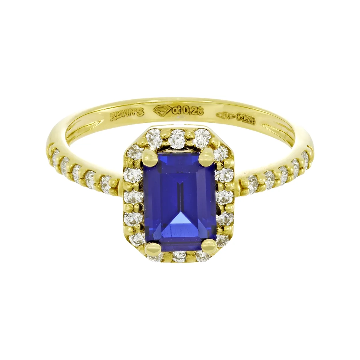 Anillo en oro amarillo de 18 Kilates, con zafiro laboratorio central de 1.15 Ct y decoración en diamante de laboratorio de 0.28 Ct