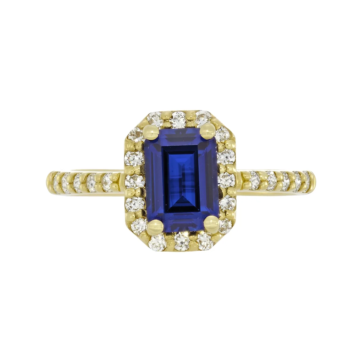Anillo en oro amarillo de 18 Kilates, con zafiro laboratorio central de 1.15 Ct y decoración en diamante de laboratorio de 0.28 Ct