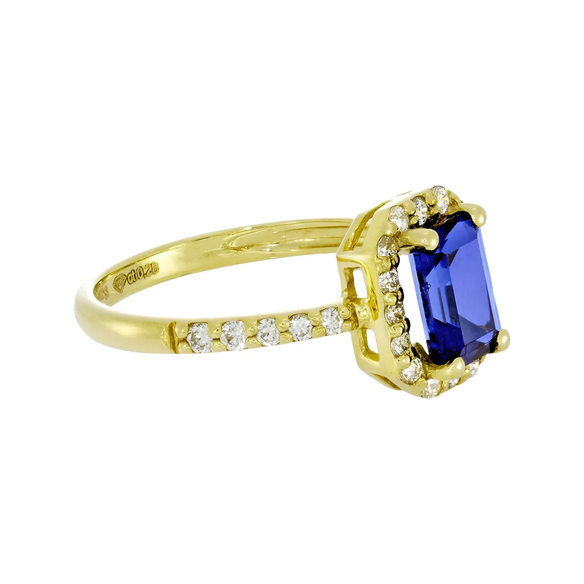 Anillo en oro amarillo de 18 Kilates, con zafiro laboratorio central de 1.15 Ct y decoración en diamante de laboratorio de 0.28 Ct