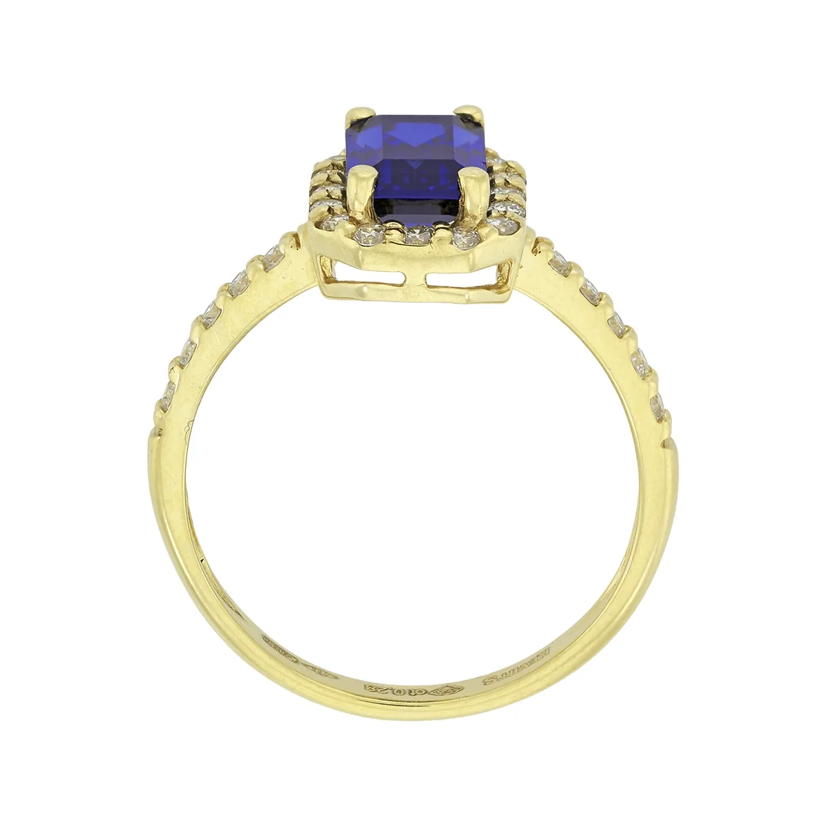 Anillo de halo rectangular, con zafiro laboratorio central rectángulo de 1.15Ct y decoración en diamantes de laboratorio, oro tono amarillo 18k