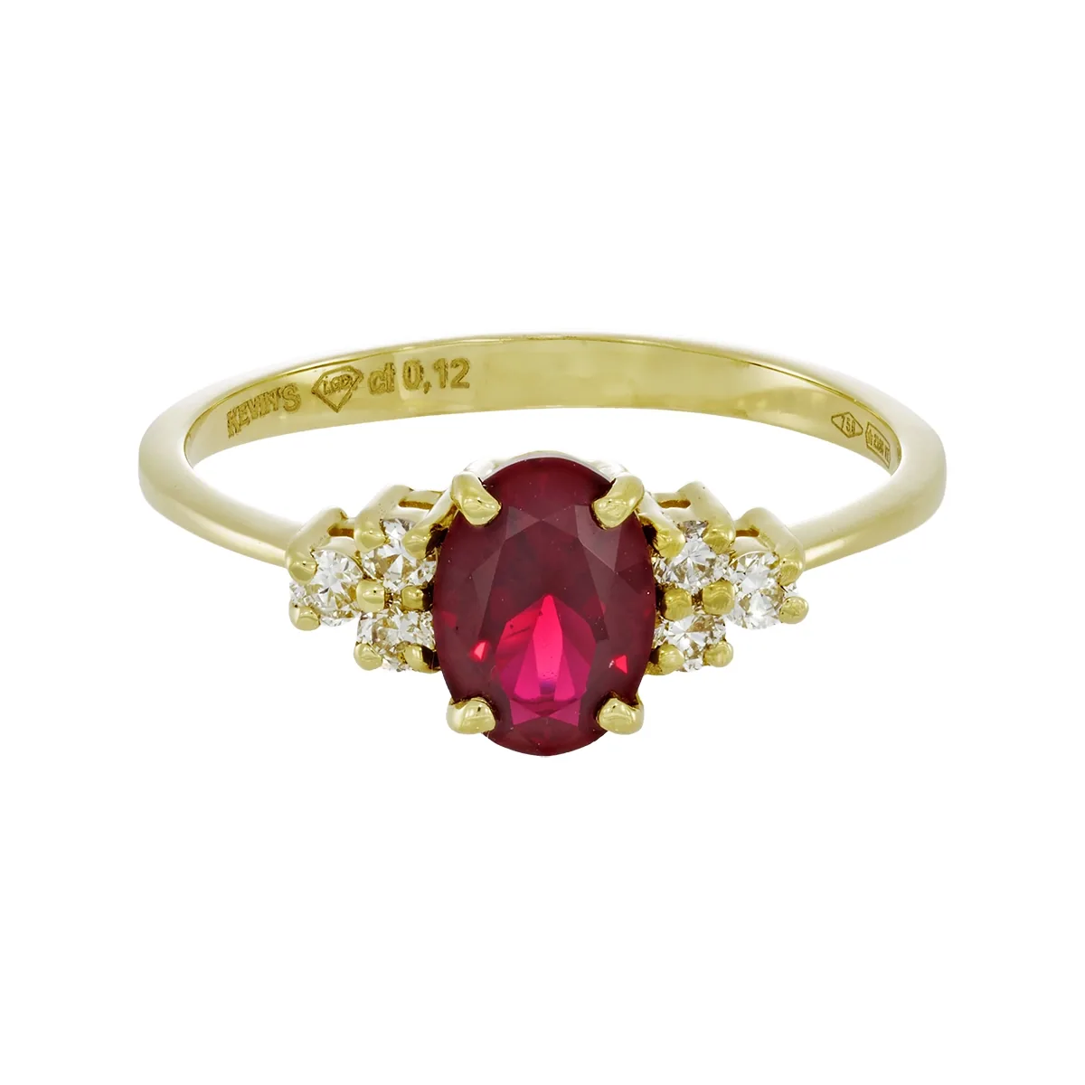 Anillo en oro amarillo de 18 Kilates, con ruby laboratorio central de 0.85 Ct y decoración en diamante de laboratorio de 0.12 Ct