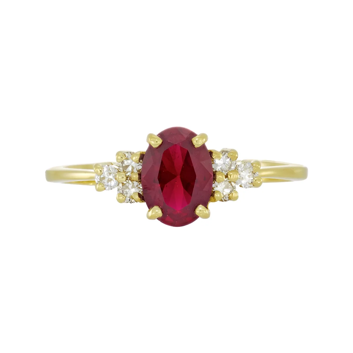 Anillo en oro amarillo de 18 Kilates, con ruby laboratorio central de 0.85 Ct y decoración en diamante de laboratorio de 0.12 Ct
