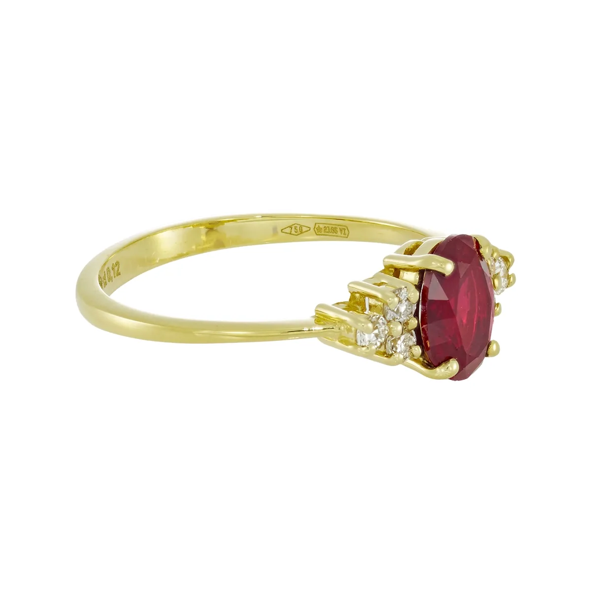 Anillo en oro amarillo de 18 Kilates, con ruby laboratorio central de 0.85 Ct y decoración en diamante de laboratorio de 0.12 Ct
