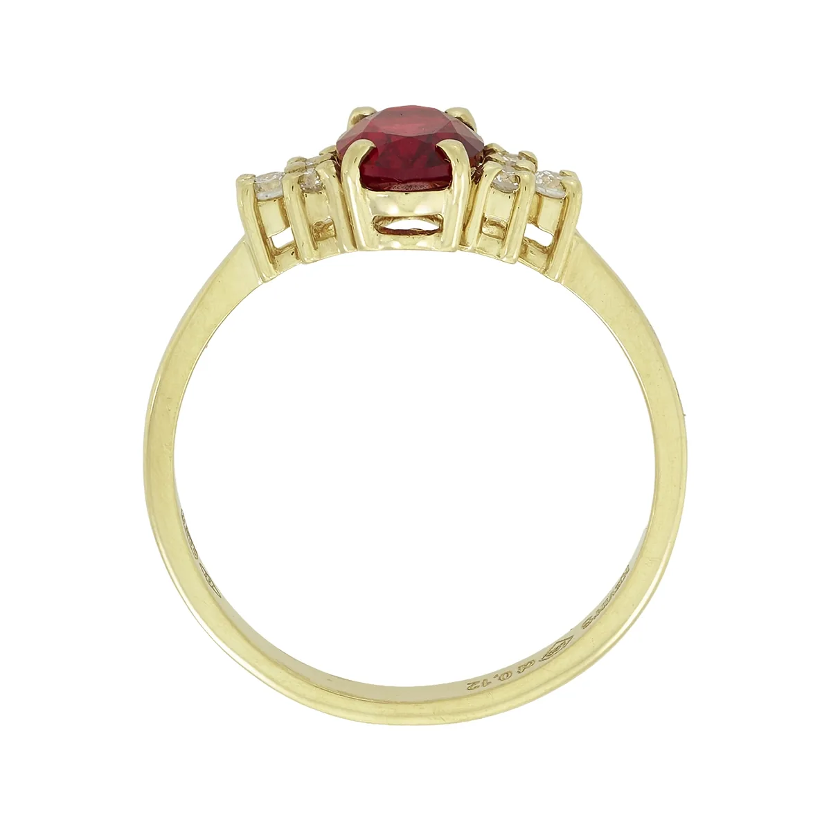 Anillo en oro amarillo de 18 Kilates, con ruby laboratorio central de 0.85 Ct y decoración en diamante de laboratorio de 0.12 Ct