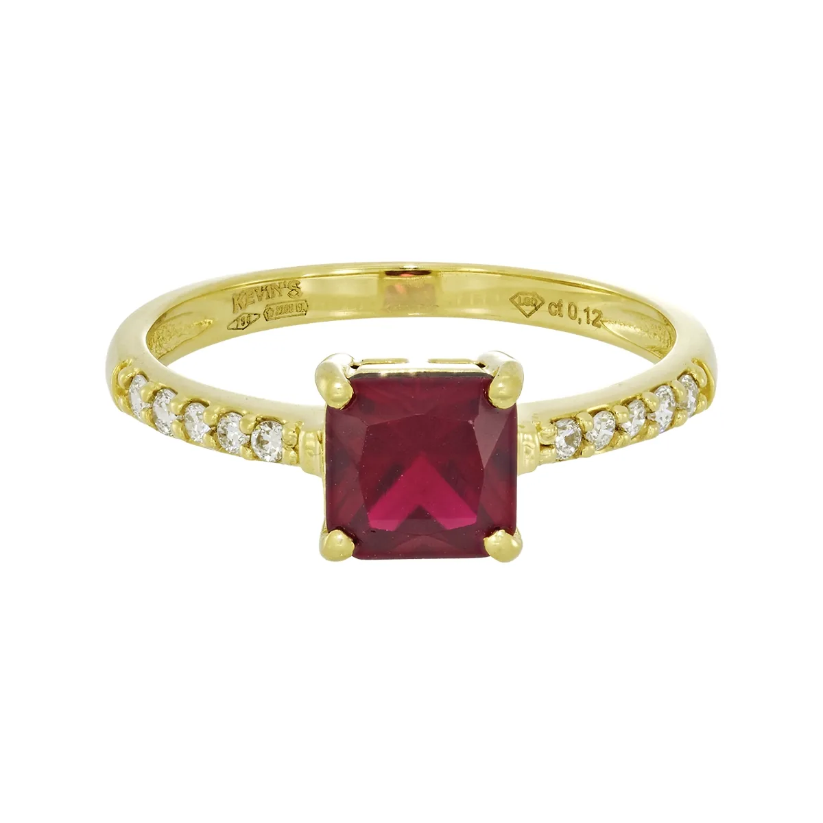 Anillo en oro amarillo de 18 Kilates, con ruby laboratorio central de 1.25 Ct y decoración en diamante de laboratorio de 0.12 Ct