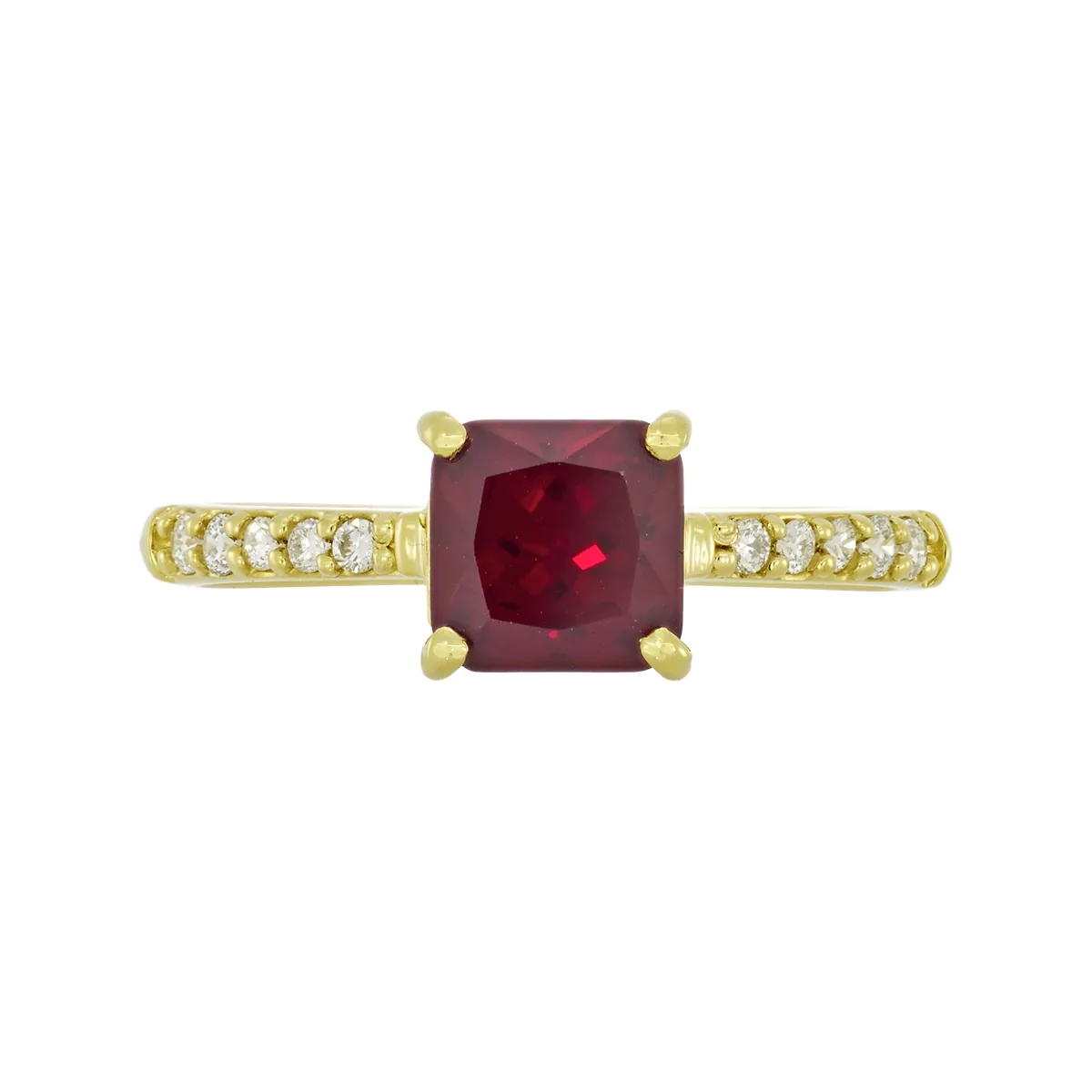 Anillo en oro amarillo de 18 Kilates, con ruby laboratorio central de 1.25 Ct y decoración en diamante de laboratorio de 0.12 Ct