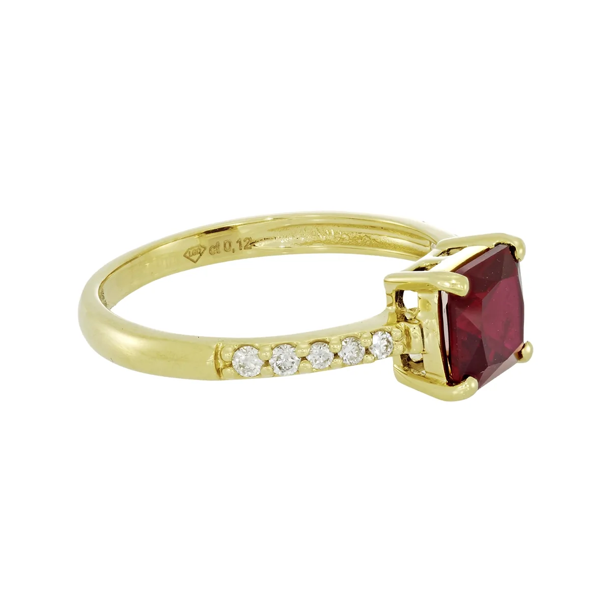 Anillo en oro amarillo de 18 Kilates, con ruby laboratorio central de 1.25 Ct y decoración en diamante de laboratorio de 0.12 Ct