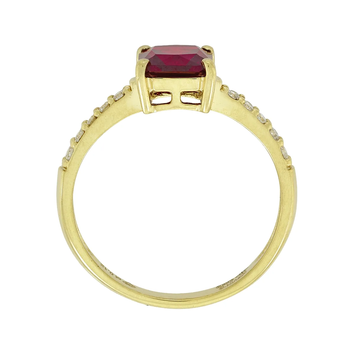 Anillo en oro amarillo de 18 Kilates, con ruby laboratorio central de 1.25 Ct y decoración en diamante de laboratorio de 0.12 Ct