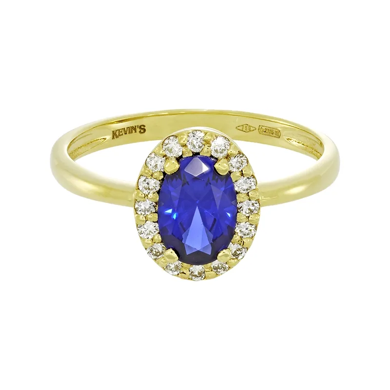 Anillo de halo oval, con zafiro laboratorio central óvalo de 0.80Ct y decoración en diamantes de laboratorio, oro tono amarillo 18k