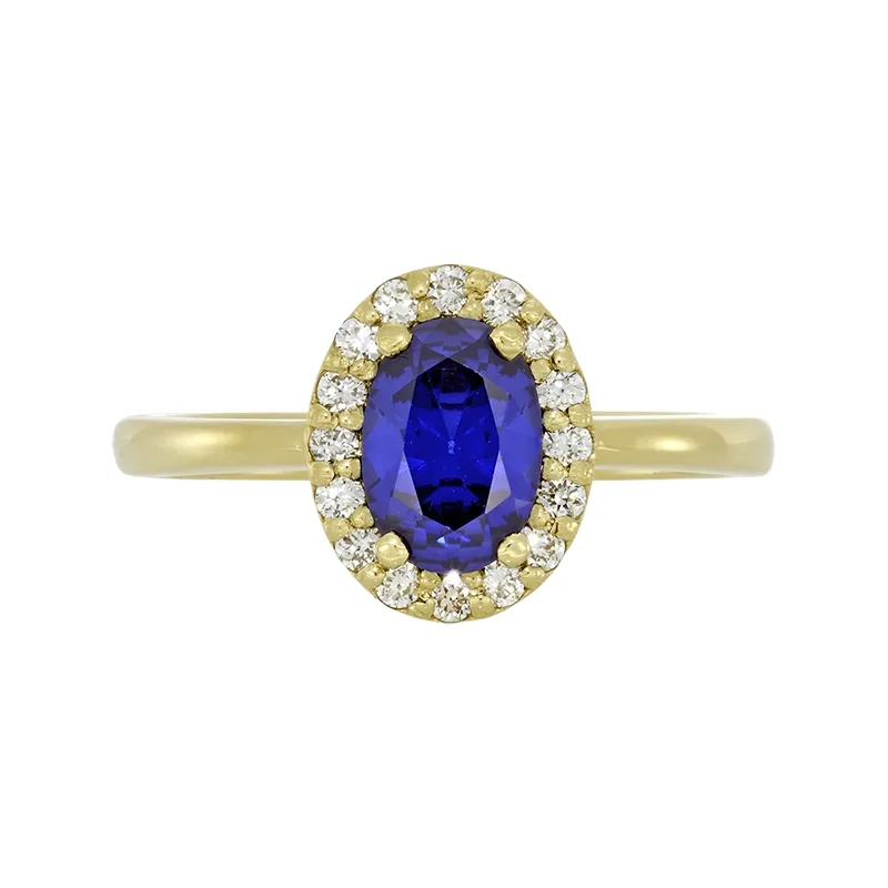 Anillo de halo oval, con zafiro laboratorio central óvalo de 0.80Ct y decoración en diamantes de laboratorio, oro tono amarillo 18k