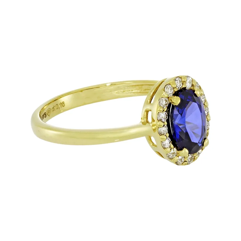 Anillo de halo oval, con zafiro laboratorio central óvalo de 0.80Ct y decoración en diamantes de laboratorio, oro tono amarillo 18k