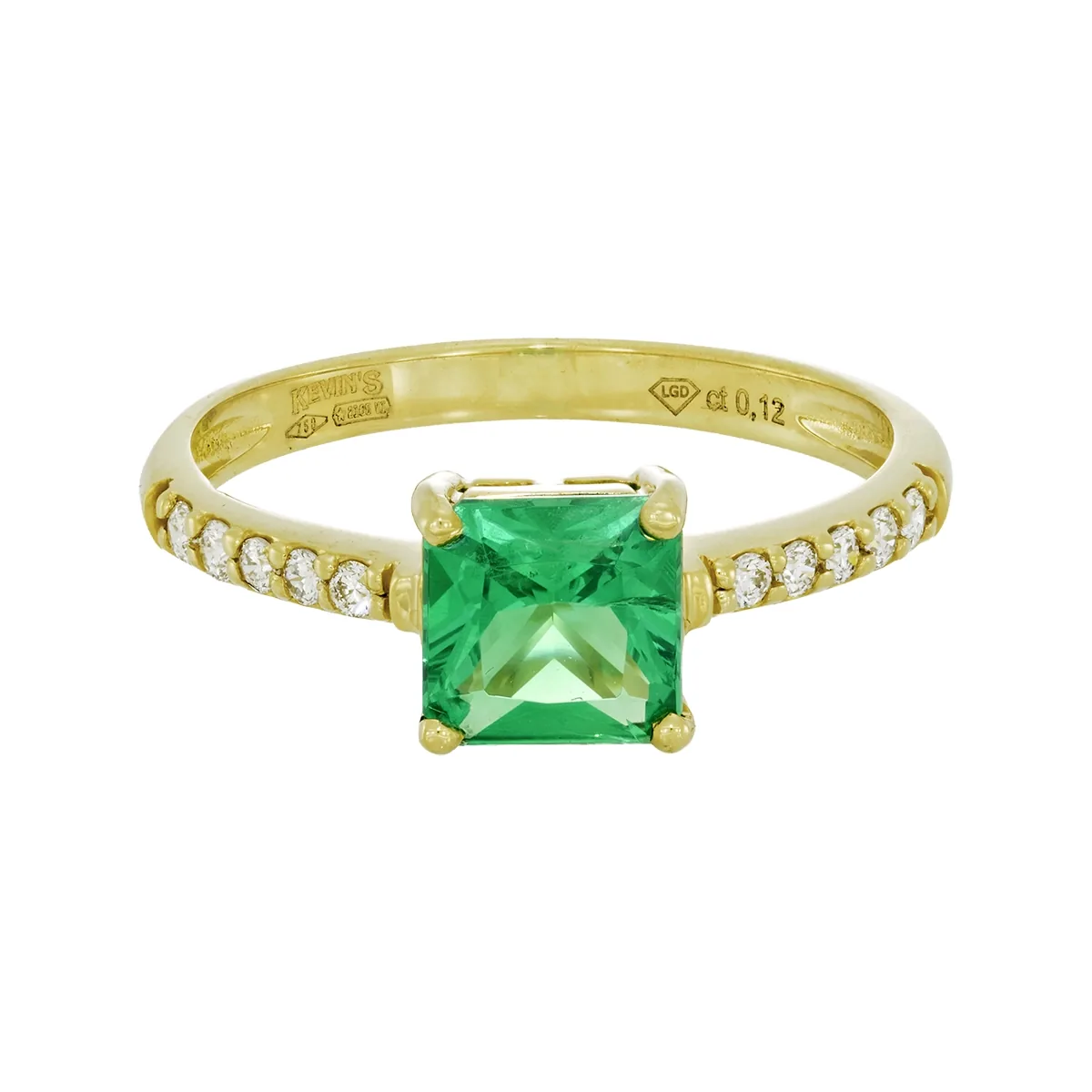 Anillo con esmeralda laboratorio central princess de 0.70Ct y decoración en diamantes de laboratorio, oro tono amarillo 18k