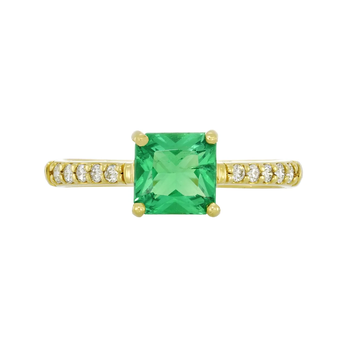 Anillo con esmeralda laboratorio central princess de 0.70Ct y decoración en diamantes de laboratorio, oro tono amarillo 18k