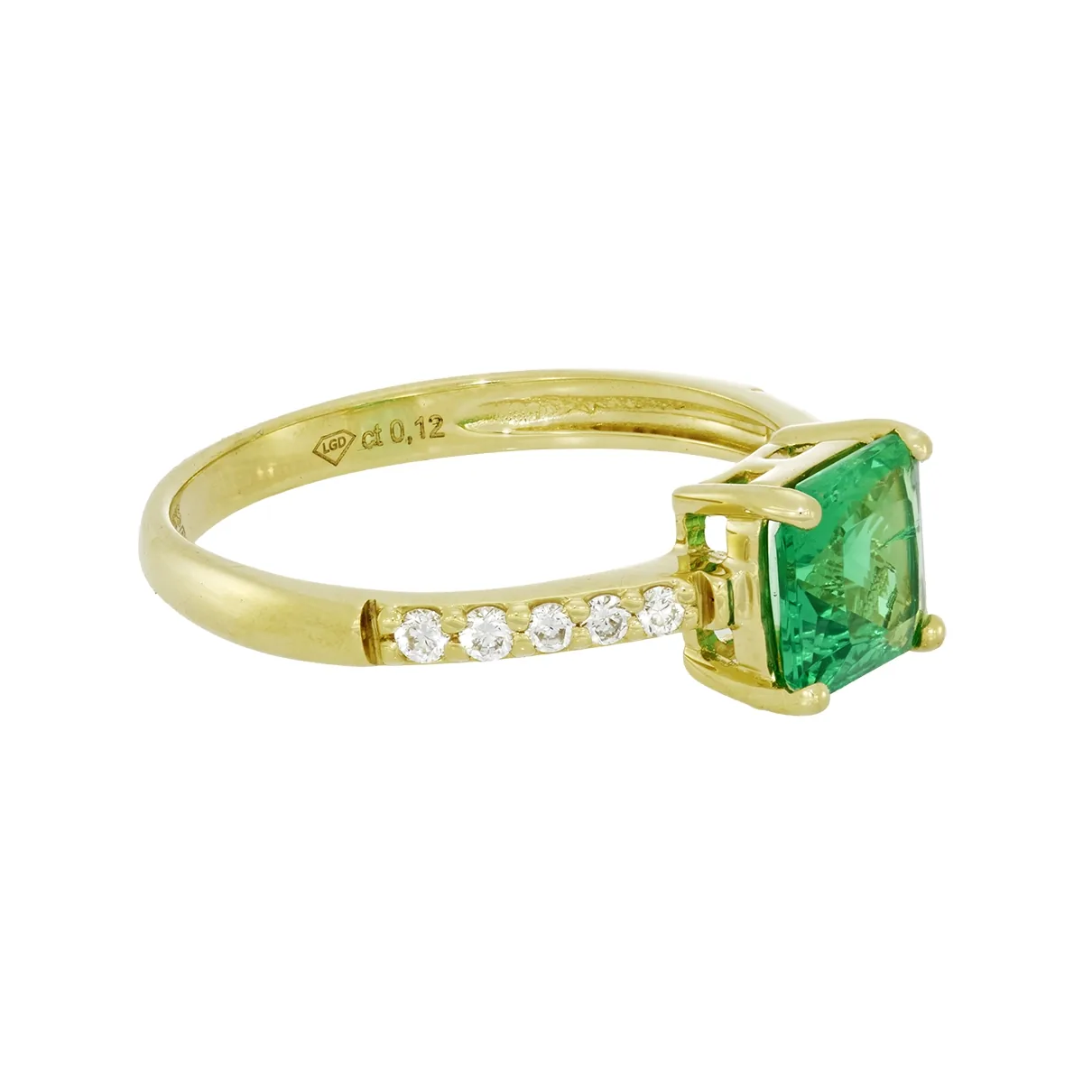 Anillo con esmeralda laboratorio central princess de 0.70Ct y decoración en diamantes de laboratorio, oro tono amarillo 18k