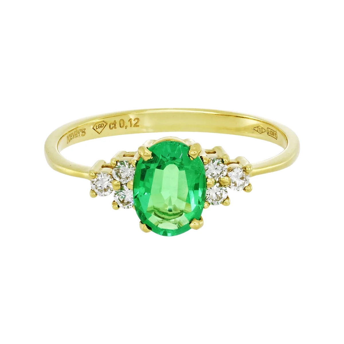 Anillo con esmeralda laboratorio central óvalo de 0.60Ct y decoración en diamantes de laboratorio, oro tono amarillo 18k
