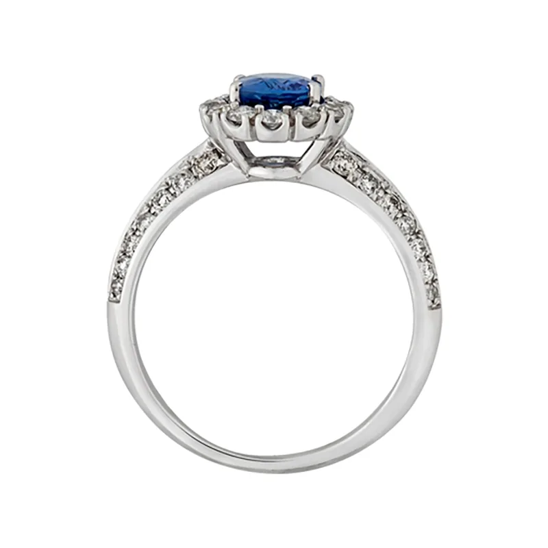 Anillo en oro blanco de 18 Kilates, con zafiro central de 1.00 Ct y decoración en diamantes de 0.50 Ct
