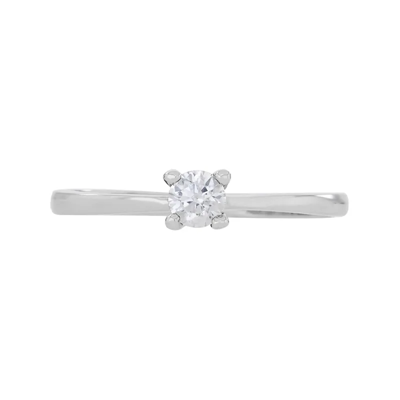 Anillo con zircon central redondo, oro tono blanco 18k, rodinado, liso