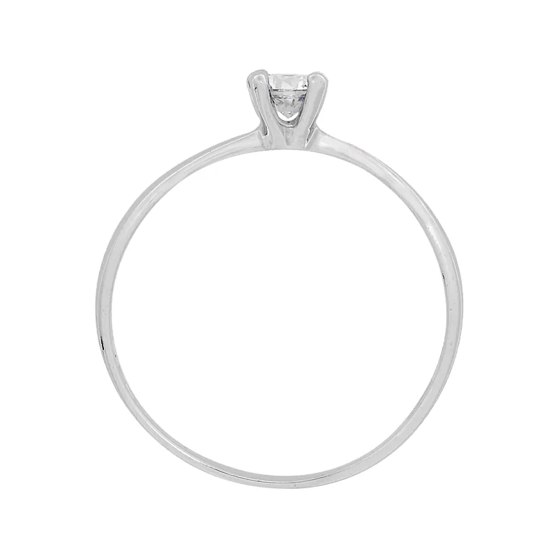 Anillo con zircon central redondo, oro tono blanco 18k, rodinado, liso