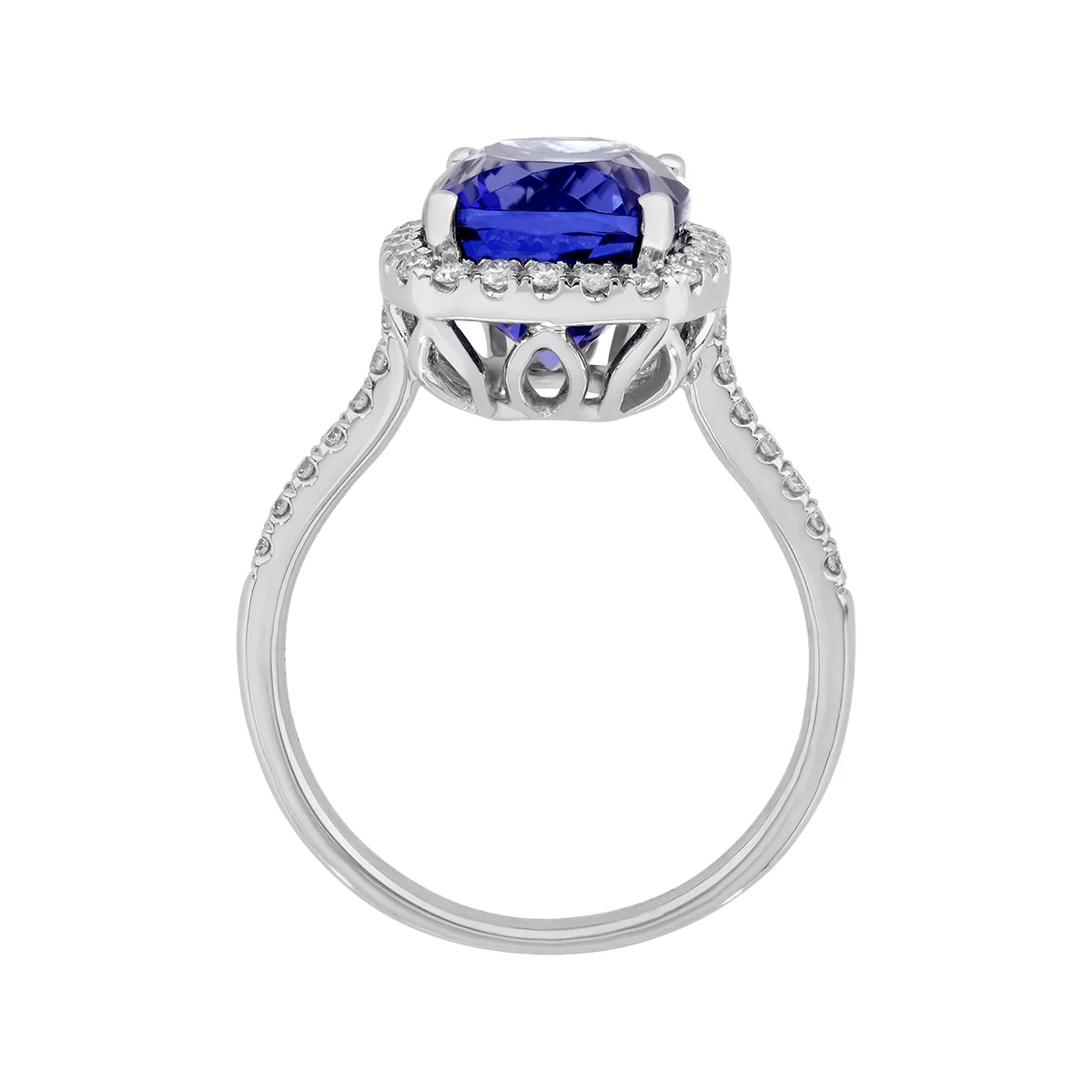 Anillo en oro blanco de 18 Kilates, con tanzanita central de 5.35 Ct y decoración en diamantes de 0.32 Ct