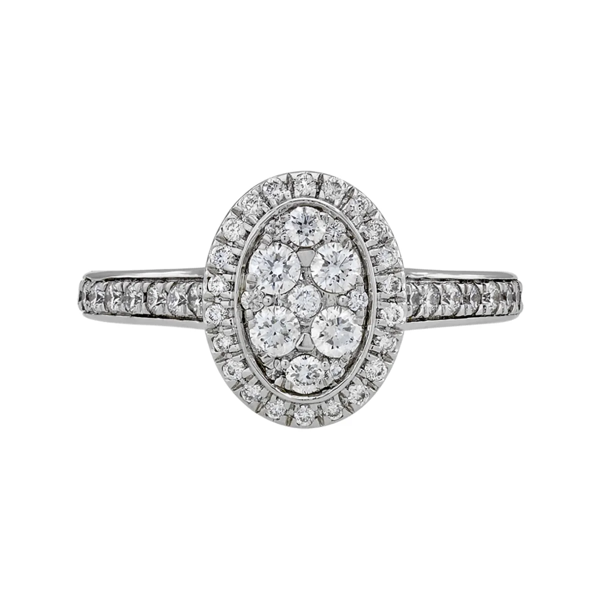 Anillo de halo oval, con diamantes con un peso total de 0.52Ct, oro tono blanco 18k, rodinado