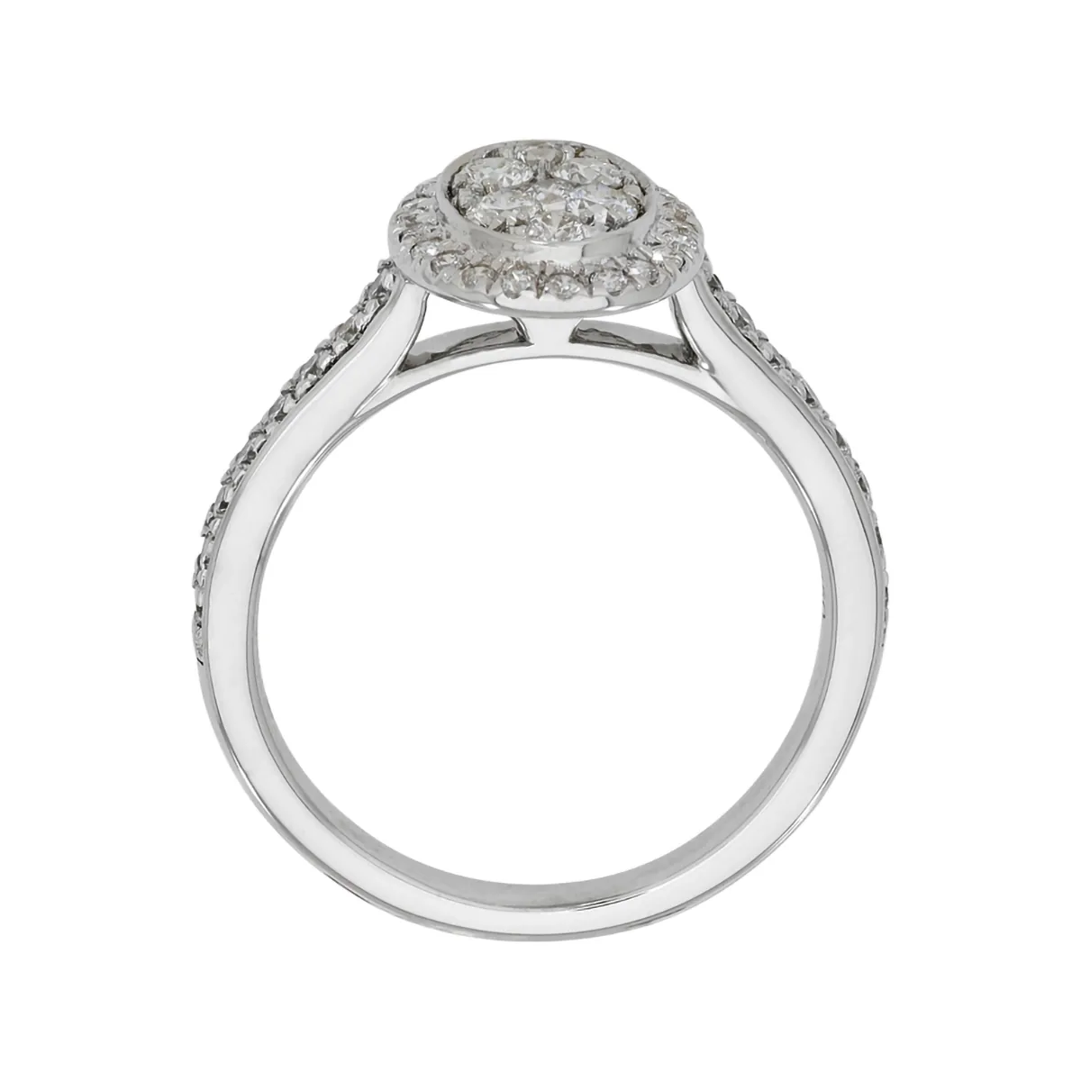 Anillo de halo oval, con diamantes con un peso total de 0.52Ct, oro tono blanco 18k, rodinado
