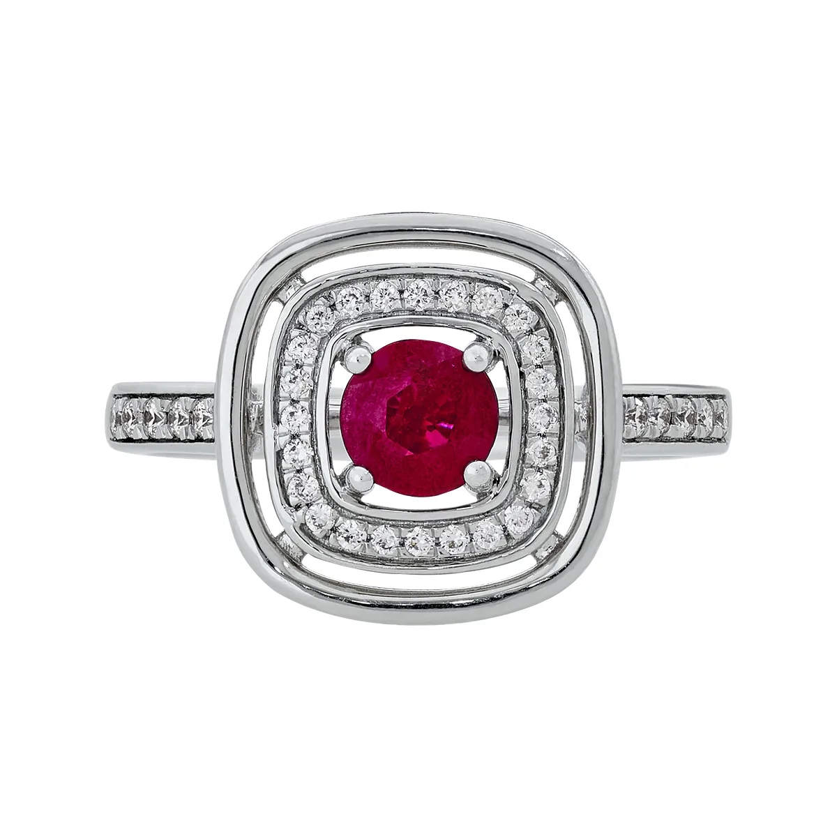 Anillo en oro blanco de 18 Kilates, con rubí central de 0.62 Ct y decoración en diamantes de 0.17 Ct