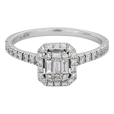 Anillo de compromiso halo rectangular, con diamantes con un peso total de 0.34ct, oro tono blanco 18k, rodinado