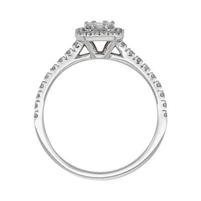 Anillo de compromiso halo rectangular, con diamantes con un peso total de 0.34ct, oro tono blanco 18k, rodinado