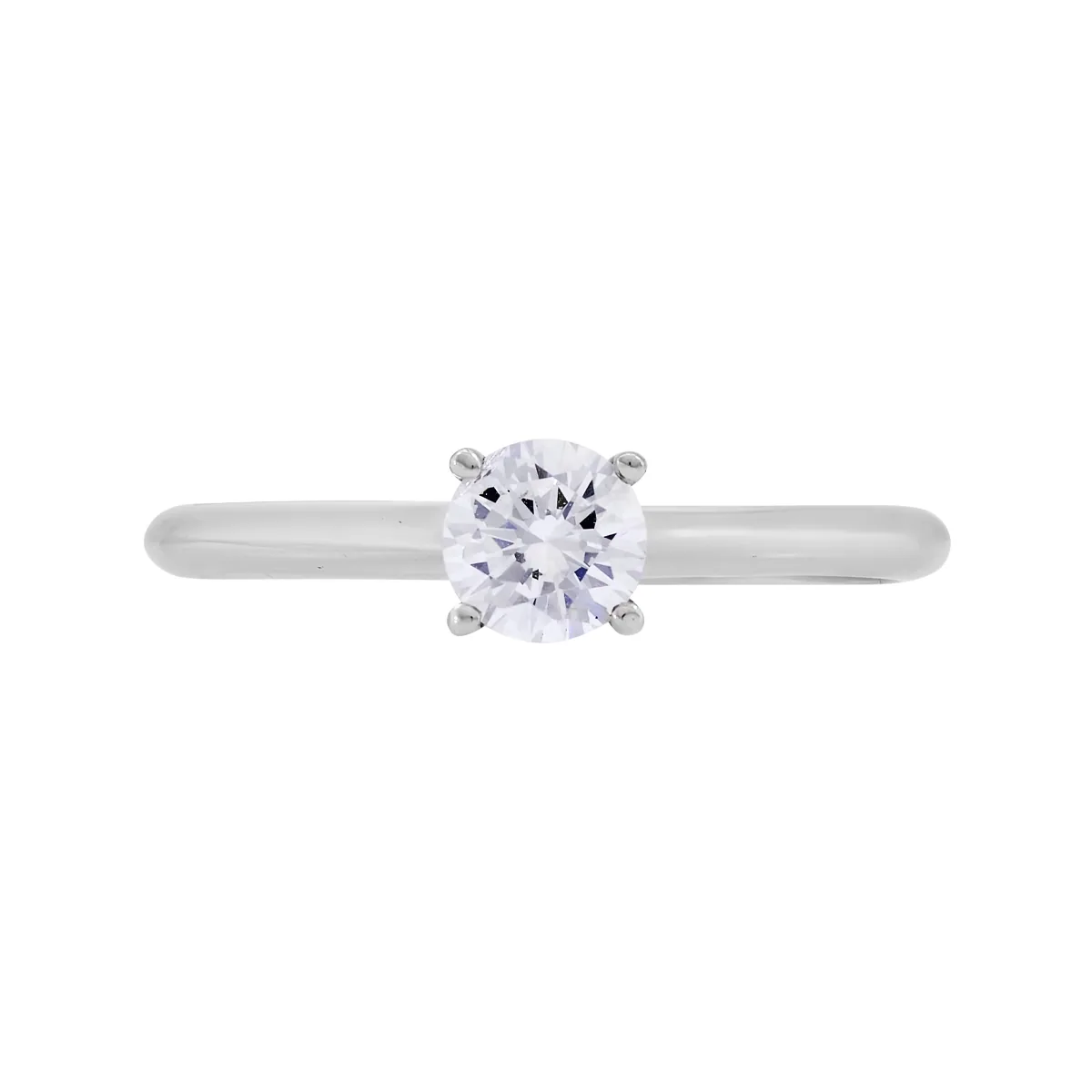 Anillo con zircon central redondo, oro tono blanco 18k, rodinado, liso