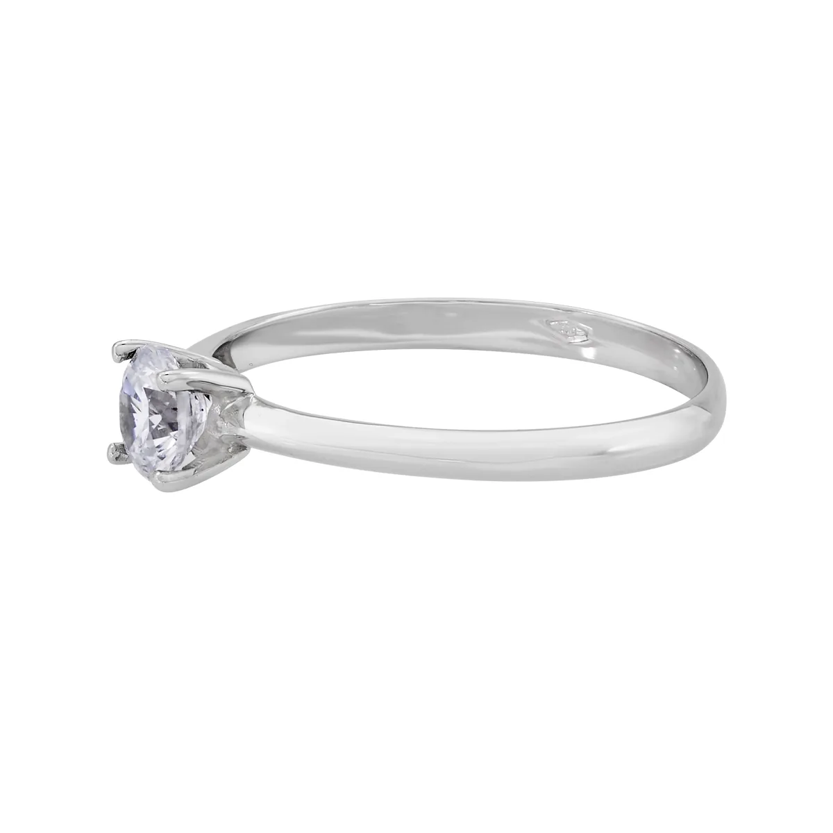 Anillo con zircon central redondo, oro tono blanco 18k, rodinado, liso