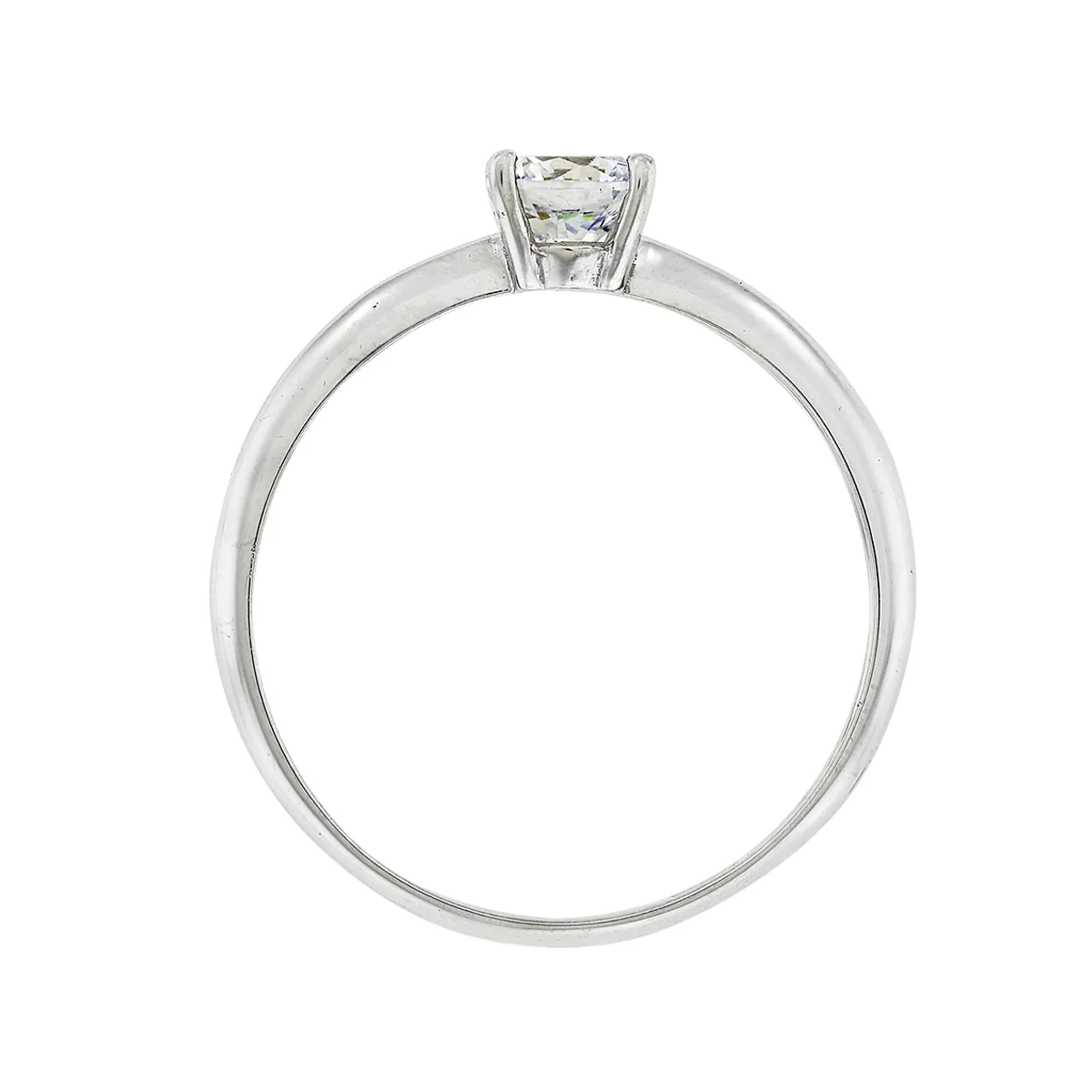Anillo con zircon central redondo, oro tono blanco 18k, rodinado, liso