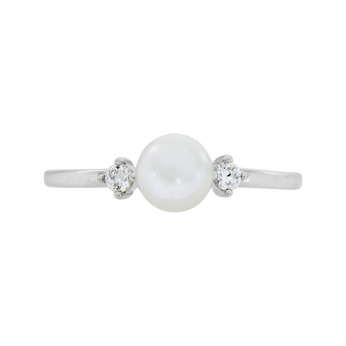 Anillo en oro blanco de 18 Kilates, con perla central de 5 mm de ancho aprox y decoración en zircones