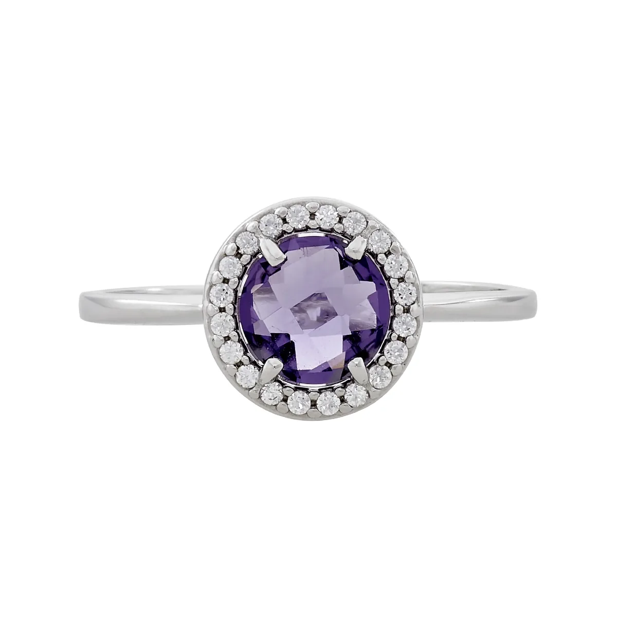 Anillo en oro blanco de 18 Kilates, con amatista central y decoración en zircones
