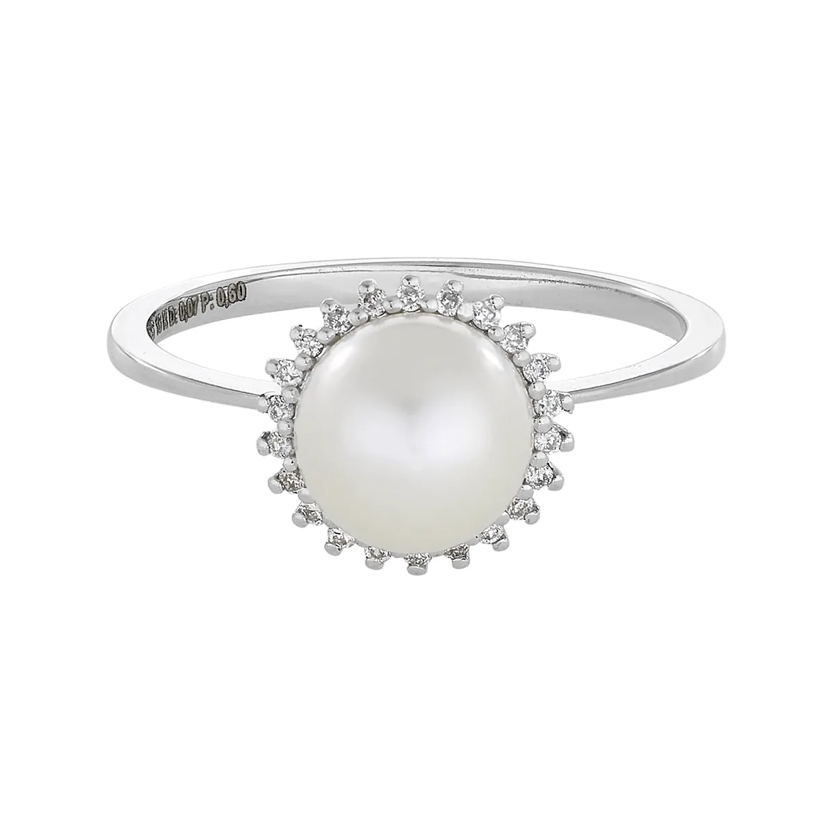 Anillo diseño, con perla central y decoración en diamantes, oro tono blanco 18k, rodinado