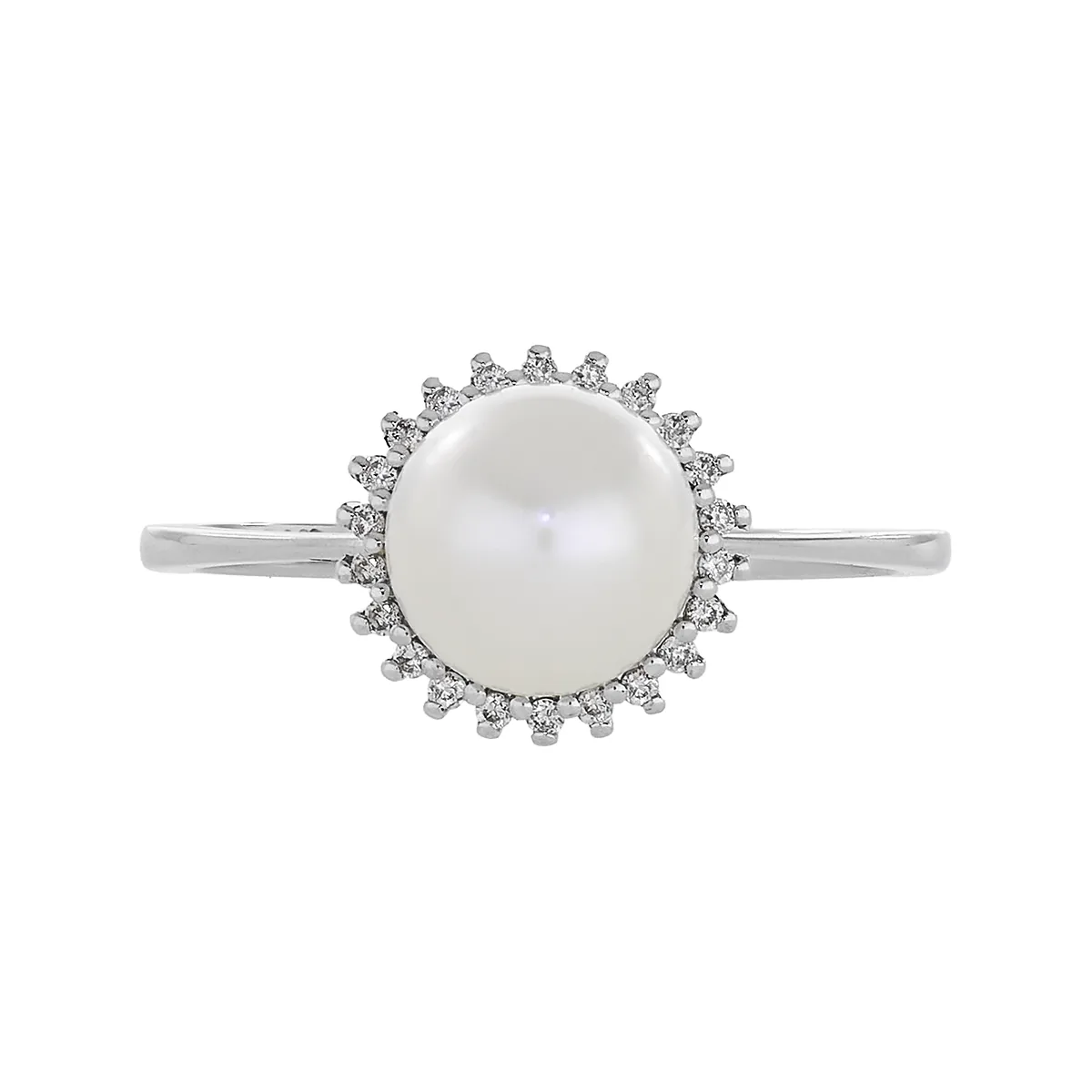 Anillo diseño, con perla central y decoración en diamantes, oro tono blanco 18k, rodinado