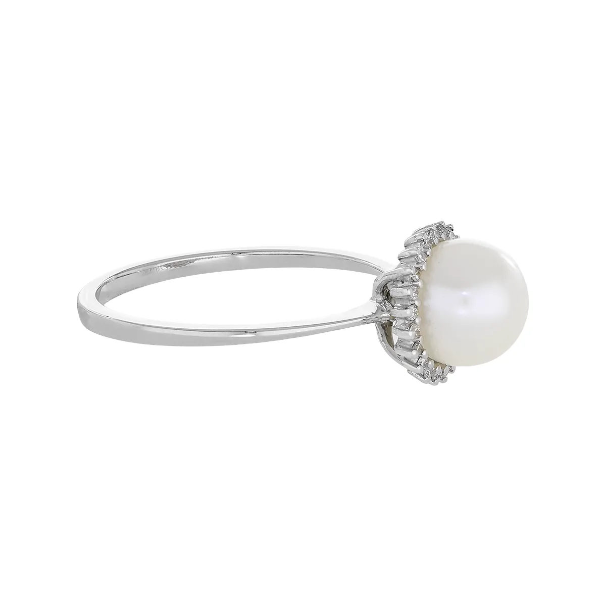 Anillo diseño, con perla central y decoración en diamantes, oro tono blanco 18k, rodinado