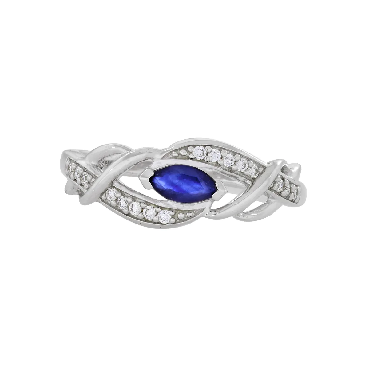 Anillo en oro blanco de 18 Kilates, con zafiro central de 0.25 Ct y decoración en diamantes de 0.08 Ct