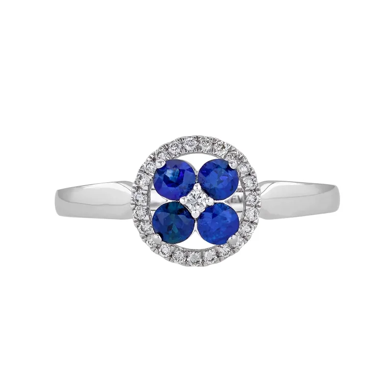 Anillo de flor en oro blanco de 18 Kilates, con zafiros de 0.46 Ct y diamantes de 0.12 Ct