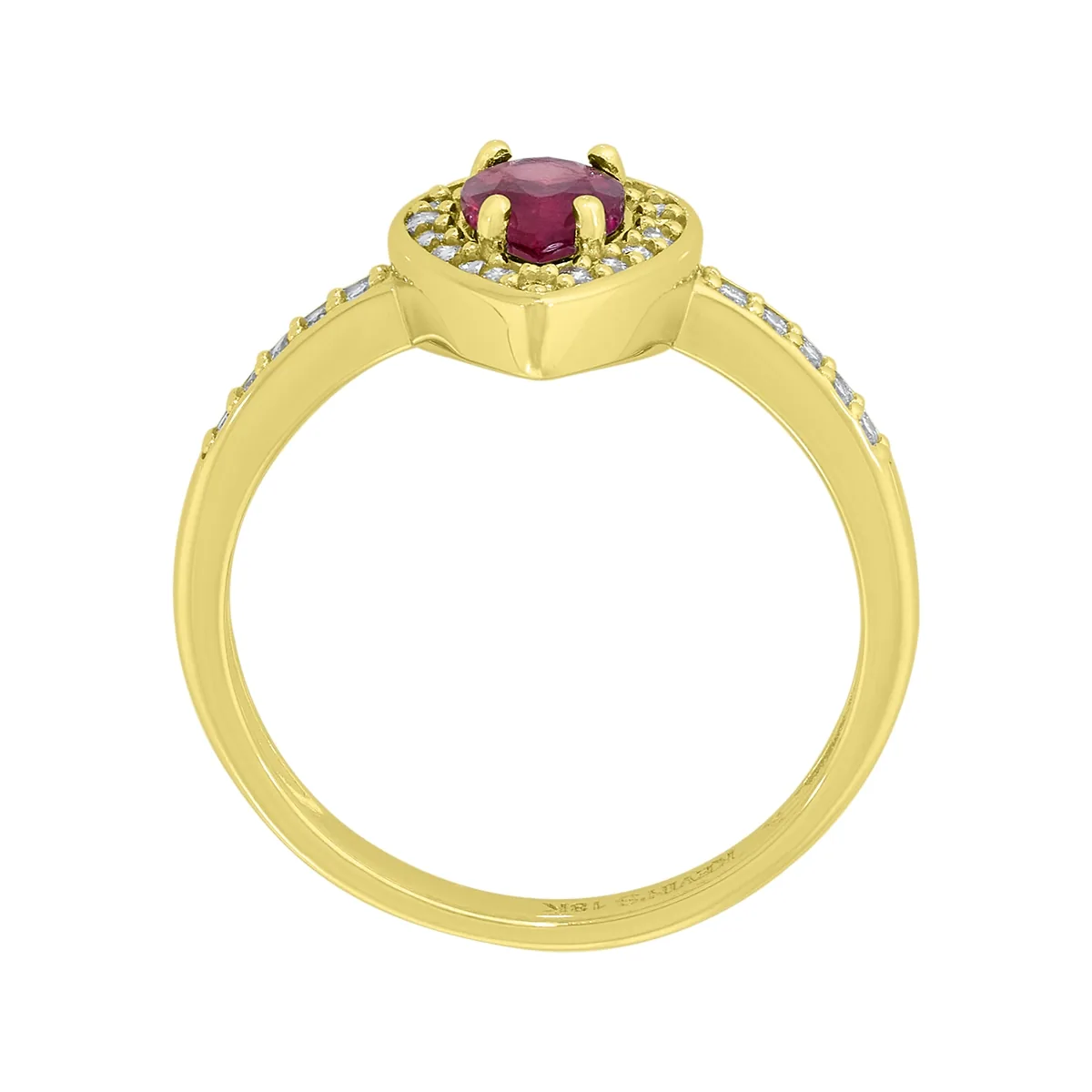 Anillo en oro amarillo de 18 Kilates, con rubí central de 0.50 Ct y decoración en diamantes de 0.14 Ct