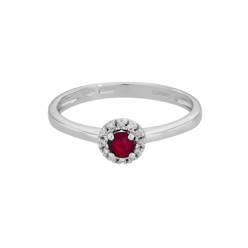 Anillo en oro blanco de 18 Kilates, con rubí central de 0.23 Ct y decoración en diamantes de 0.06 Ct