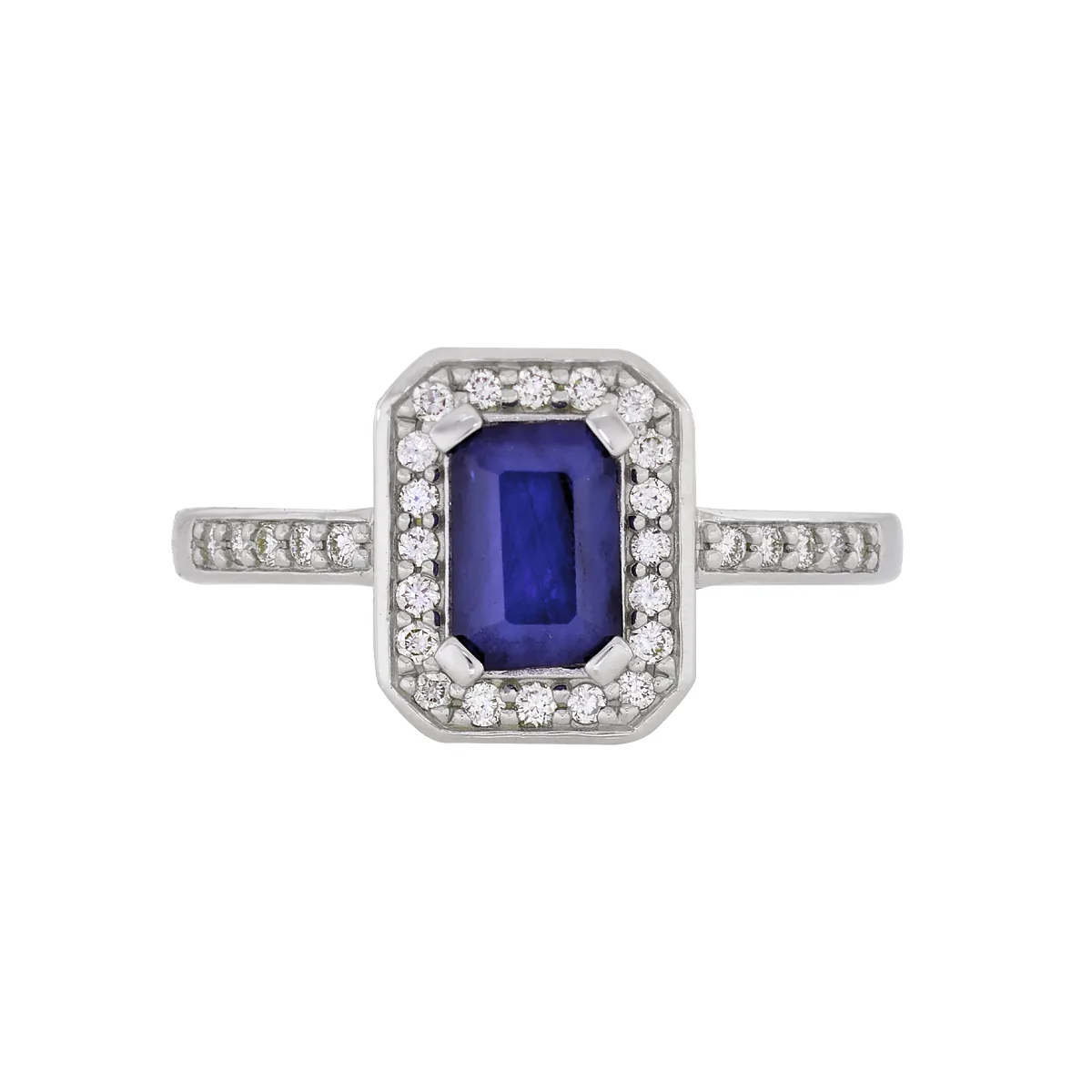 Anillo en oro blanco de 18 Kilates, con zafiro central de 0.60 Ct y decoración en diamantes de 0.15 Ct
