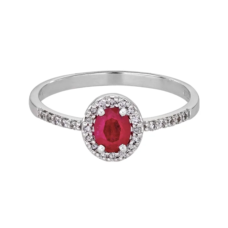 Anillo en oro blanco de 18 Kilates, con rubí central de 0.47 Ct y decoración en diamantes de 0.14 Ct