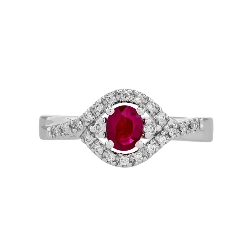 Anillo en oro blanco de 18 Kilates, con rubí central de 0.47 Ct y decoración en diamantes de 0.14 Ct