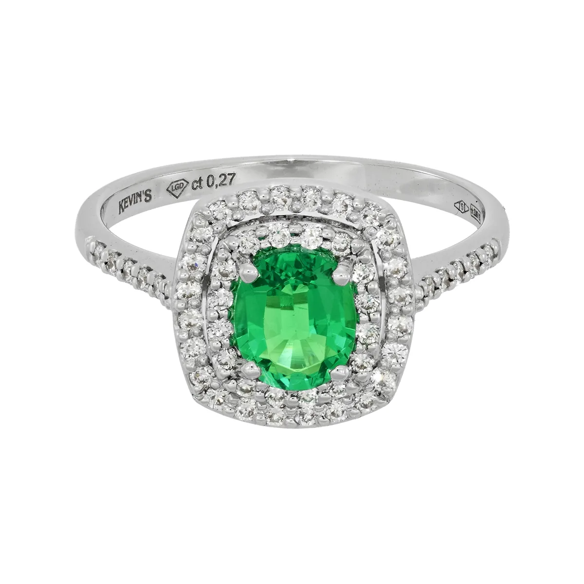 Anillo en oro blanco de 18 Kilates, con esmeralda laboratorio central de 0.50 Ct y decoración en diamante de laboratorio de 0.27 Ct