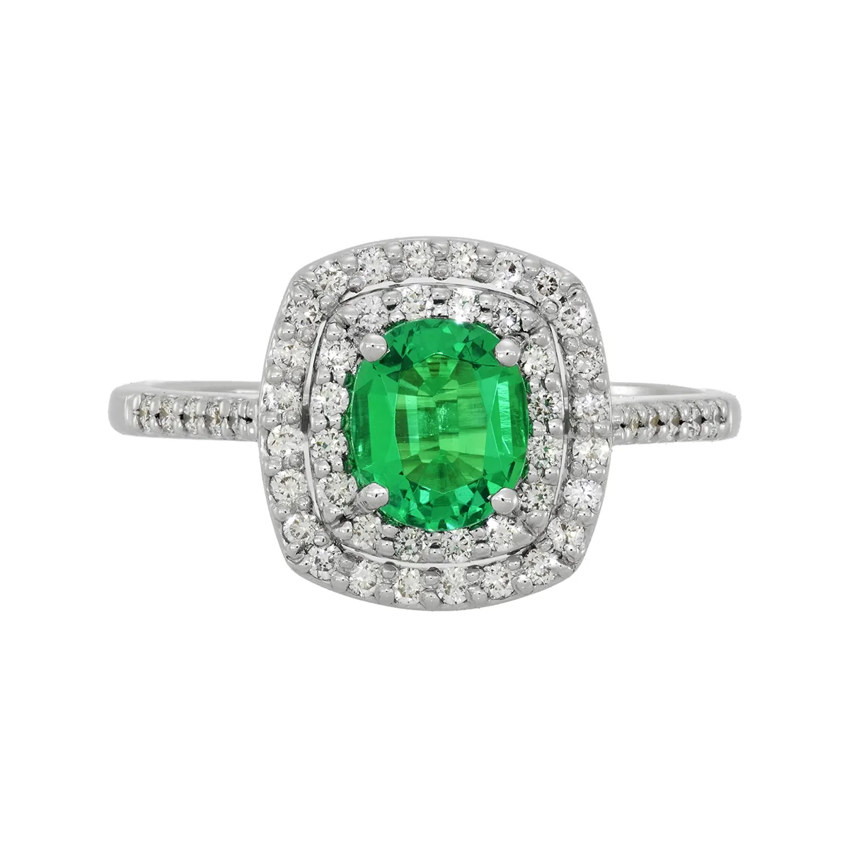 Anillo en oro blanco de 18 Kilates, con esmeralda laboratorio central de 0.50 Ct y decoración en diamante de laboratorio de 0.27 Ct
