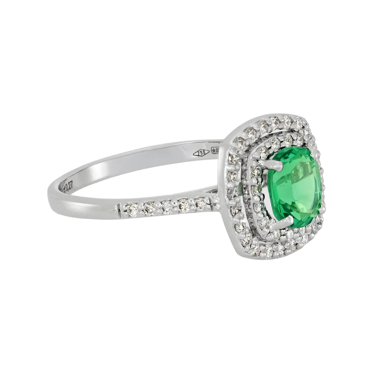 Anillo en oro blanco de 18 Kilates, con esmeralda laboratorio central de 0.50 Ct y decoración en diamante de laboratorio de 0.27 Ct