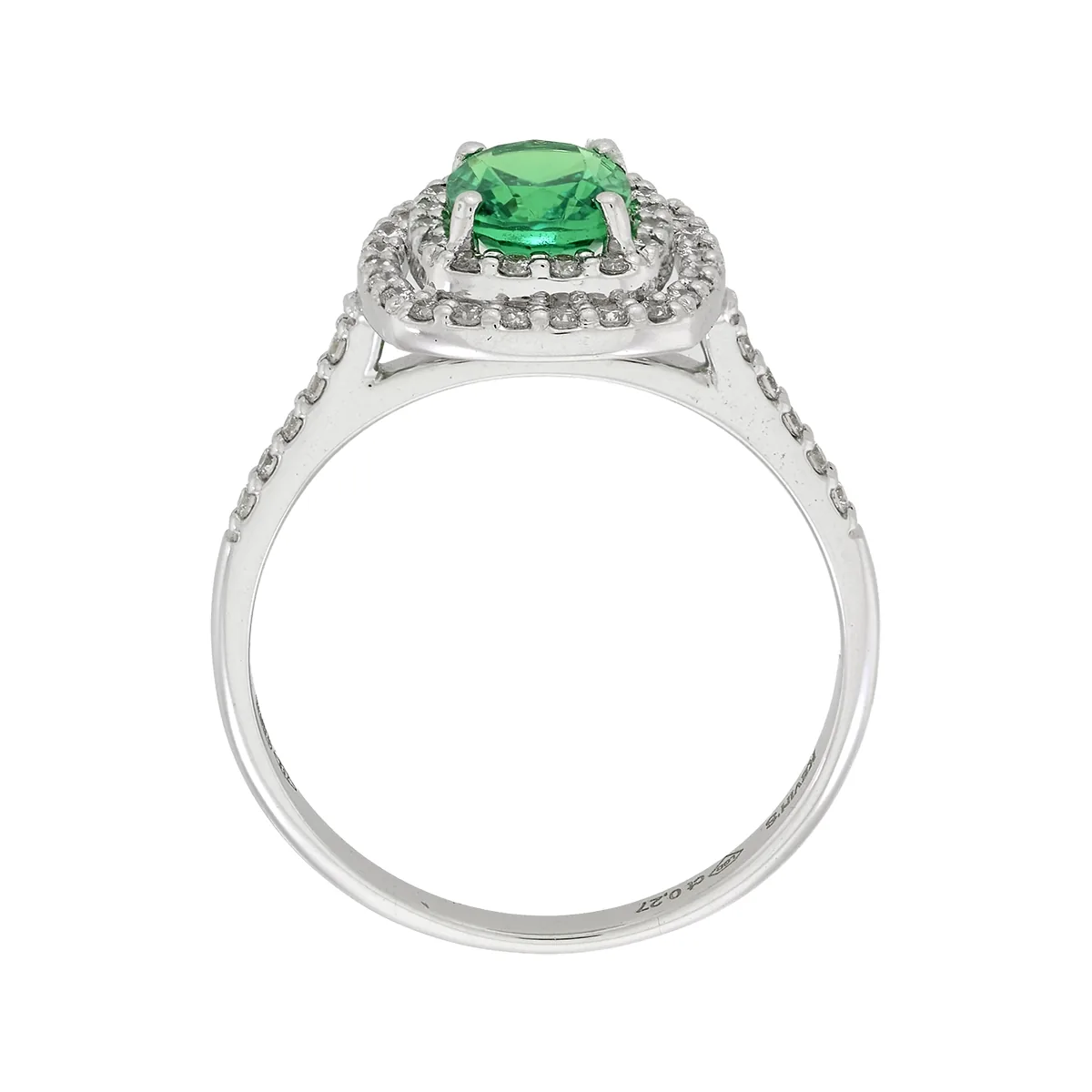 Anillo de halo doble, con esmeralda laboratorio central óvalo de 0.50Ct y decoración en diamantes de laboratorio, oro tono blanco 18k, rodinado