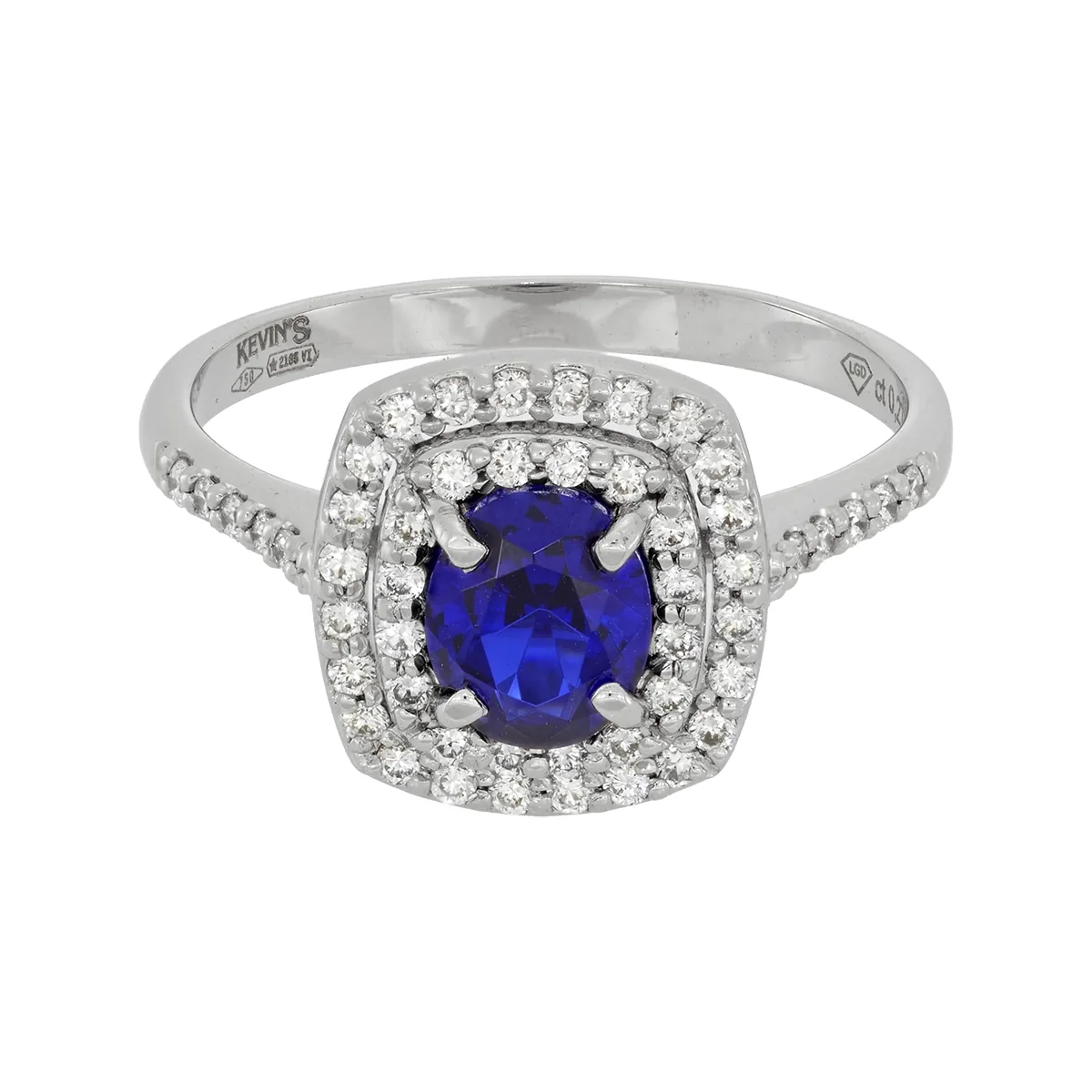 Anillo en oro blanco de 18 Kilates, con zafiro laboratorio central de 0.70 Ct y decoración en diamante de laboratorio de 0.27 Ct