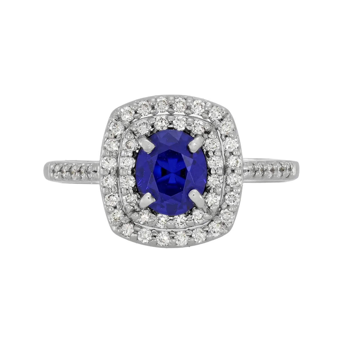 Anillo en oro blanco de 18 Kilates, con zafiro laboratorio central de 0.70 Ct y decoración en diamante de laboratorio de 0.27 Ct